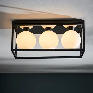 Matt Black Rectangular Framed Flush Bathroom Ceiling Light & Sphere Glass Shades