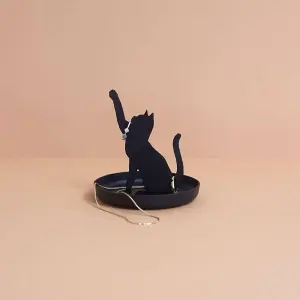 Feline Cat Black Metal Playful Catching Toy Pose Ring Trinket Tray Bowl