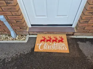 Natural Coir 60cm x 40cm heavy duty doormats with rubber base with humorous message (santa + reindeer)