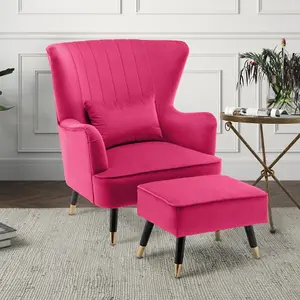 Velvet Dark Pink Camila Accent Wingback Chair with Footstool