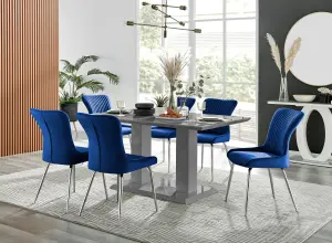 Imperia Grey High Gloss 6 Seater Dining Table with Structural 2 Plinth Column Legs 6 Blue Velvet Silver Leg Nora Chairs