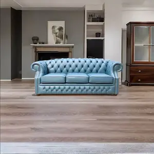 Chesterfield 3 Seater Sofa Shelly Majolica Blue Leather In Buckingham Style