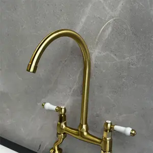 Liquida W23BG Traditional Two Hole Bridge Lever Brushed Gold Kitchen Mixer Tap