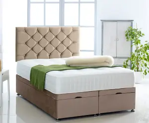 Coffee Plush Foot Lift Ottoman Bed With Memory Spring Mattress And    Studded Headboard 6.0 FT Super King