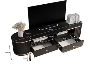  New York 181cm TV Cabinet in Sleek Black - Spacious Entertainment Unit with Ribbed Fronts and Metal Accents