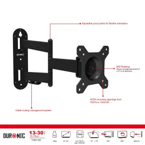 Duronic TVB1125 Full Range TV Bracket, Swivel and Tilt Wall Mount with VESA 600x400 for Flat Screen Television 13-30"