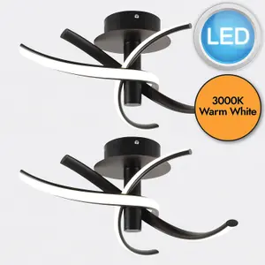 First Choice Lighting Set of 2 Matt Black LED Twist Ceiling Lights