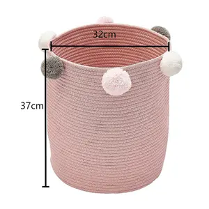 Pink Cotton Rope Woven Laundry Basket Laundry Hamper Clothes Toy Organizer