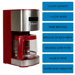 Kenmore Drip Coffee Maker Machine, 1.8L Filter Coffee Machine with Timer Red