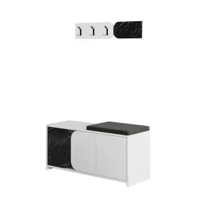 Decortie Modern Moni Shoe Cabinet White-Gloss Black Marble Effect 3-Door Storage Cabinet with 5-Hook Organiser Set Fabric Seat