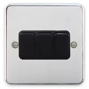 Deta 1905CHB Light Switch 3 Gang 2 Way 10 Amp (Polished Chrome / Black Insert)