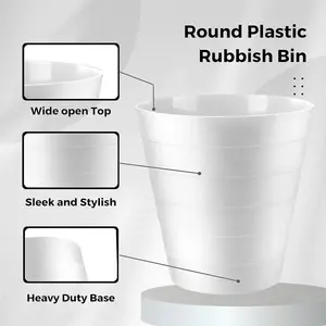 Damek 6L Plastic Open Waste Bin Pack of 2 Round Open Waste Basket Trash Can Rubbish Bin (White)