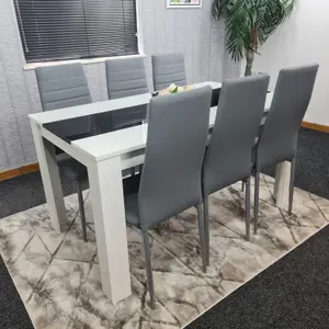 Modern White and Black Wood Dining Table With 6 Grey Faux Leather Metal Chairs