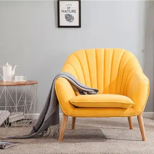 Yellow Faux Wool Upholstered Scallop Back Armchair with Wooden Legs