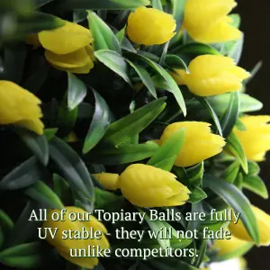 Pair of Best Artificial 24cm Yellow Lush Tulip Hanging Basket Flower Topiary Ball - Weather & Fade Resistant