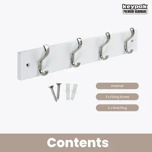 keypak Wall-Mounted Coat Rack - 4 Hooks on Modern Wooden Base for Wall & Door - 38cm (Satin Nickel/White)