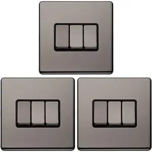 3 PACK 3 Gang Triple Light Switch SCREWLESS BLACK NICKEL 2 Way 10A Slim Rocker