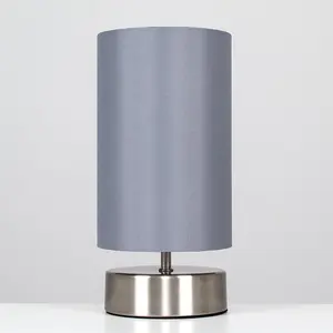 ValueLights Francis Pair of Brushed Chrome Touch Dimmer Bedside Table Lamps with Grey Cylinder Light Shades