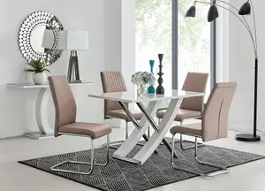 Furniturebox UK Mayfair 4 White High Gloss And Stainless Steel Dining Table And 4 Cappuccino Beige Lorenzo Chairs Set