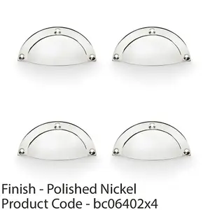 4 PACK - Half Moon Cup Handle Polished Nickel 86mm Centres Solid Brass Shaker Drawer Pull