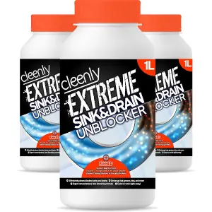 Cleenly Extreme Sink & Drain Cleaner & Unblocker Liquid (3x1 Litre) - Heavy Duty Formula for Bathroom, Kitchen, Drains, and More