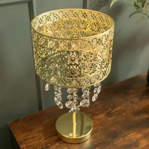 ValueLights Enna Gold Moroccan Style Bedside Table Lamp with Acrylic Jewel Droplet Drum Lampshade - Bulb Included