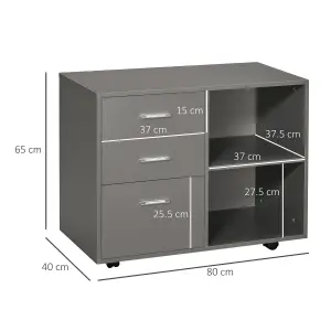 HOMCOM Freestanding Storage Cabinet w/ 3 Drawers 2 Shelves 4 Wheels Office Grey