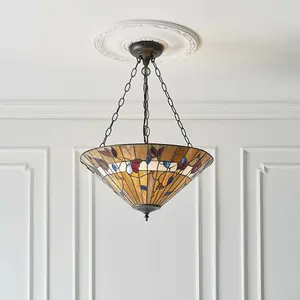 Large Tiffany Glass Pendant Ceiling Light - Dark Bronze Finish - 3 x 60W E27 GLS Needed