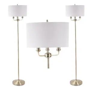 First Choice Lighting Pair of 3 Light Antique Brass Floor Standard Light with Grey Fabric Shade