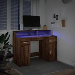 Berkfield Desk with LED Lights Brown Oak 120x55x91 cm Engineered Wood