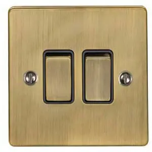 2 Gang Double Light Switch ANTIQUE BRASS 2 Way 10A Black Trim & Metal Rocker