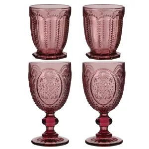 Set of 4 Vintage Luxury Pink Embossed Short Tumblers & Drinking Glasse Wine Goblets 290ml