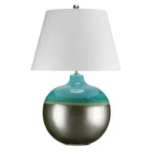 Table Lamp White Shade Turquoise & Graphite Finish Glaze LED E27 60W Bulb