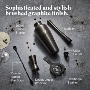 VonShef Cocktail Shaker Set Brushed Graphite - 550ml Parisian Shaker 6pc Home Bar Set with Strainer, Muddler, Jigger & Gift Box