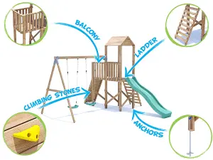 Dunster House Climbing Frame with Two Swings & Slide FrontierFort Low Platform