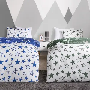 Duvet Cover Set Reversible 2 x Star Quilt Pillowcases, Navy/Green - Single