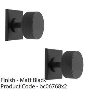 2 PACK - Knurled Radio Cabinet Door Knob & Matching Backplate - Matt Black 40 x 40mm