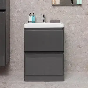 Marvel 600mm Floor Standing Bathroom Vanity Unit in Dark Grey Gloss with Resin Basin