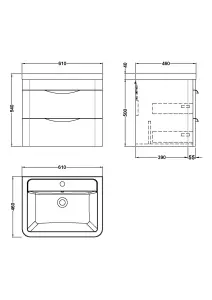 Wall Hung 2 Drawer Vanity Unit with Ceramic Basin - 600mm - Gloss White