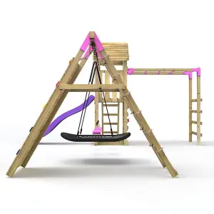 Rebo Wooden Climbing Frame with Swings, Slide, Up & over Climbing wall and Monkey Bars - Pyrennes Pink