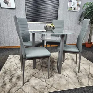 Round Glass Grey Kitchen Dining Table With Storage Shelf And 4 Grey Metal Chairs Set