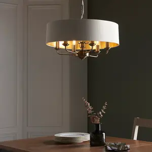 Luminosa Highclere Single Shade Pendant Ceiling Lamp, Antique Brass Plate, Vintage White Fabric