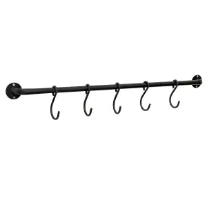 Melody Maison Black Industrial Wall Mounted Rail with 5 Storage Hooks