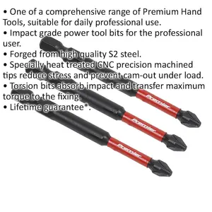 Premium 3 Piece 75mm Pozi Head Number 2 Impact Power Tool Bit Set - Durable S2 Steel