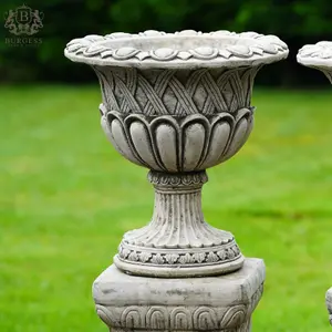 Pair of Vase Urns + Plinth Planters British made Stone Garden Ornament