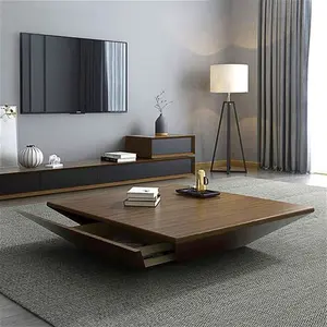 Modern Wood Walnut Coffee Table With Storage Square Coffee Table With 1-Drawer