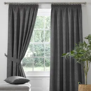 Pembrey Textured Pair of Pencil Pleat Curtains With Tie-Backs