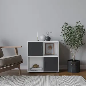 URBNLIVING 61cm Height 4 Cube Bookcase White Wood Black Door Metal Handle Display Storage Shelf