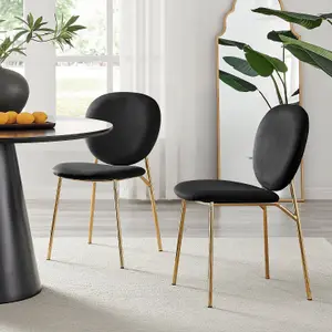 Furniturebox UK Dining Chair - 2x Ivy Black Velvet Upholstered Dining Chair Gold  Legs - Modern Meets Vintage - Round Seat Back