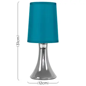 ValueLights Pair of - Small Chrome Touch Table Lamps with Teal Fabric Shades With 5w LED Dimmable Candle Bulbs In Warm White